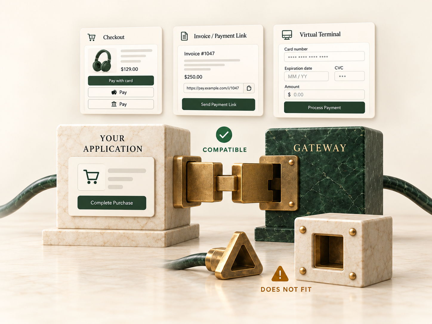 Editorial illustration of a compatible connection: a cream application block links by brass plug to a green gateway block, with checkout, invoice and virtual terminal panels above and an incompatible triangular plug labeled does not fit below
