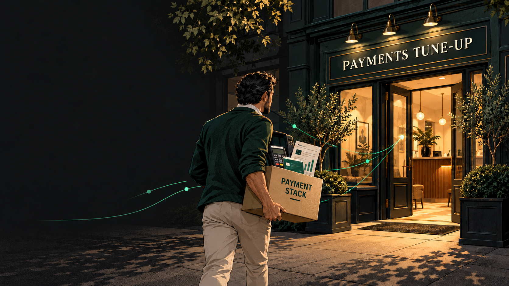 Payment advisor carrying a Payment Stack box toward a storefront marked Payments Tune-Up