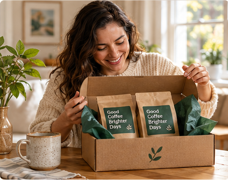 A customer unpacks a coffee subscription box containing two bags of Good Coffee Brighter Days coffee.