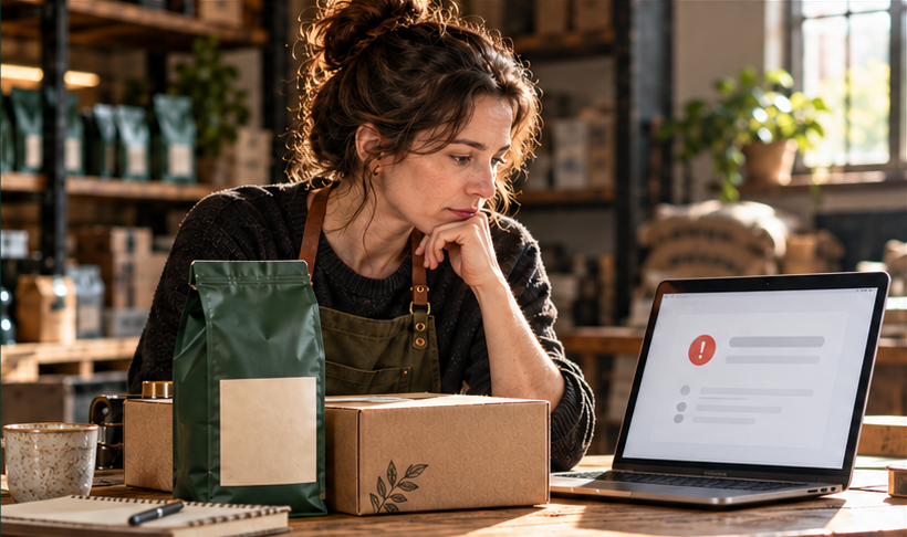 A woman reviewing an abstract payment screen on her laptop beside a coffee pouch and parcel