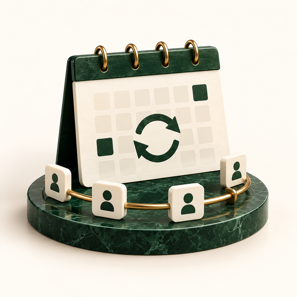 Editorial illustration of recurring billing: a green marble desk calendar with a renewal cycle symbol, ringed by cream customer profile tiles connected by a brass band