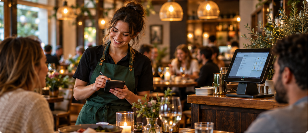 Restaurant team member taking an order on a handheld device beside a countertop point-of-sale system.