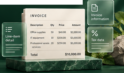 The same illustrative $10,000 payment: a detailed invoice on a green stone plinth with glass invoice, tax and line-item data tiles, representing progressively richer transaction data.