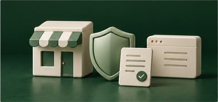 Conceptual specialized-business illustration: a storefront beside a protective shield, an approved document, and a provider block.