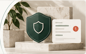 Shield and alert panel representing chargeback and fraud protection