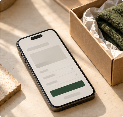 Illustrative checkout still-life with a smartphone beside a retail box, tissue paper and olive fabric on a warm desk.