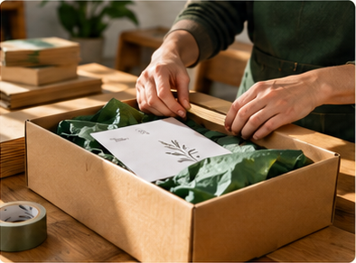 A merchant carefully packing an order with green tissue paper and a printed note.