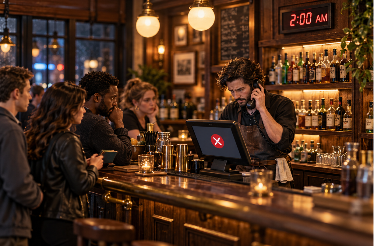 Restaurant staff member seeking support for a point-of-sale issue during late-night service