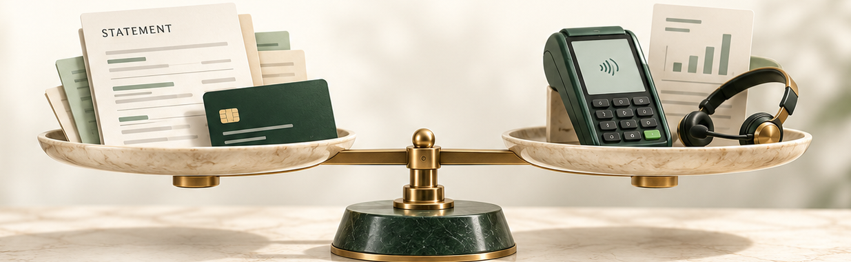 Conceptual balance scale resting level: one tray holds a processing statement, slips and a payment card; the other holds a payment terminal, support headset and performance report.