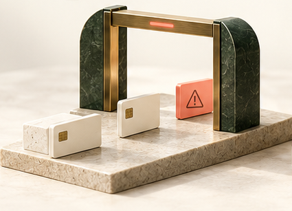 Conceptual open checkpoint gate on a stone plinth, with card tiles, a coral warning tile and a red indicator, illustrating light controls and potential exposure.