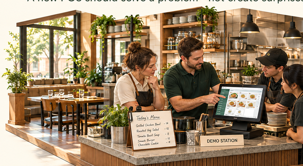 Restaurant team testing a point-of-sale demo station together before launch