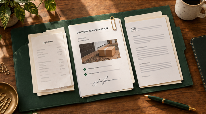 Organized receipt, delivery confirmation and customer correspondence arranged in a green folder on a desk.