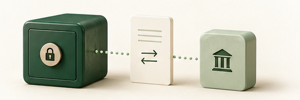Conceptual potential transfer path: a locked forest-green vault, an ivory transfer document and a sage potential-provider block connected by a dotted sage path.