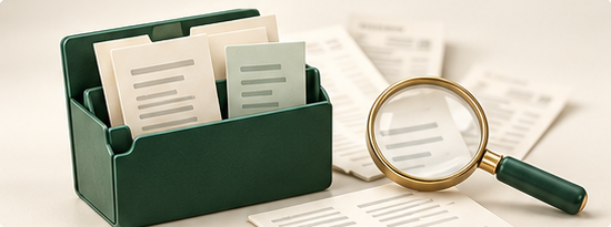 A forest-green evidence folder containing records beside a magnifying glass and supporting documents.