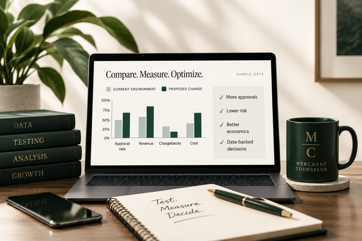 Laptop displaying a sample comparison of current environment versus a proposed change across approval rate, revenue, chargebacks and cost.