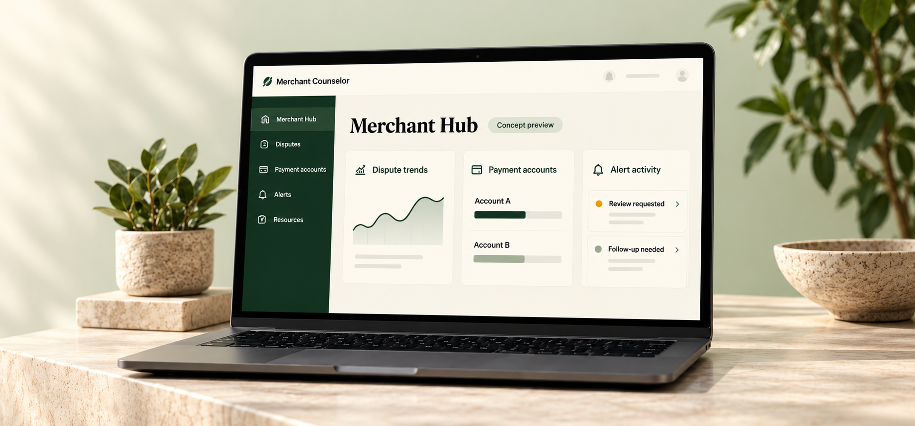Illustrative Merchant Hub concept preview on a laptop, showing dispute trends, payment accounts and alert activity.
