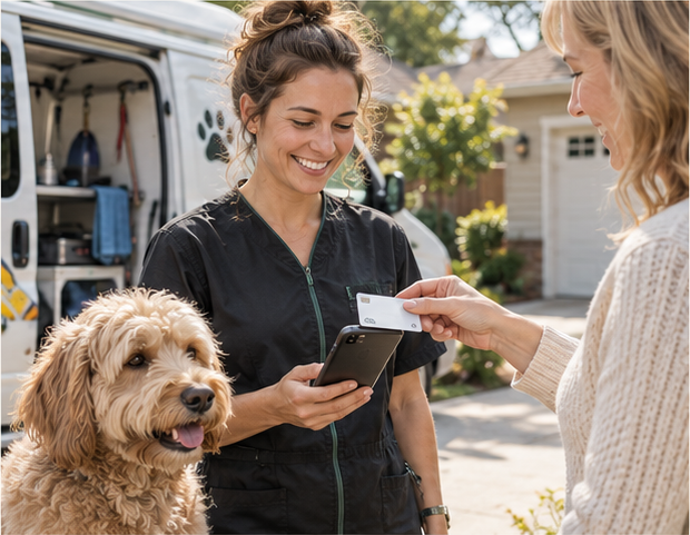 A customer tapping a card on a groomer's phone outside a service van.
