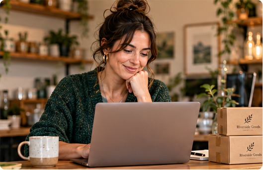 Riverside Goods merchant working at a laptop beside packed customer orders.