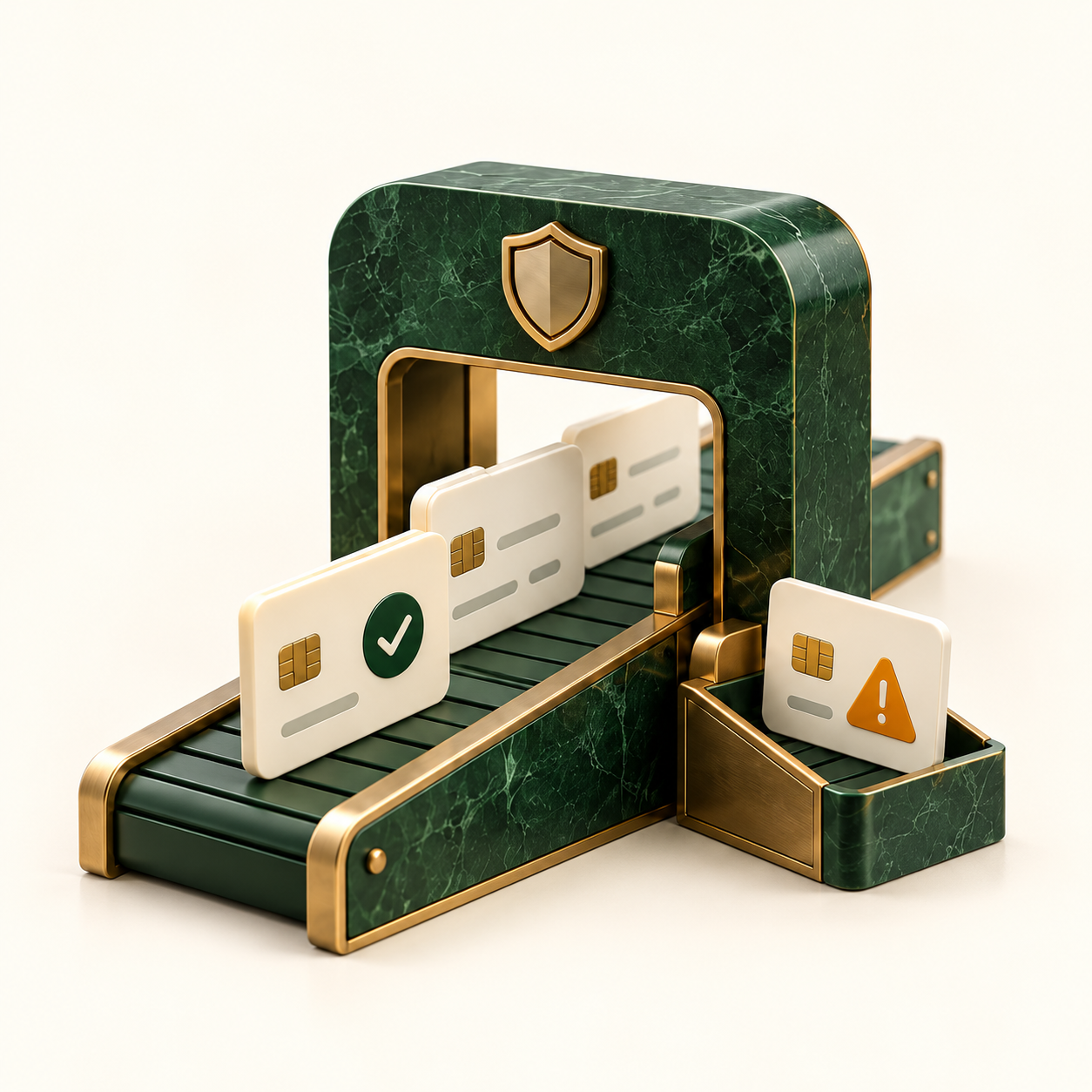 Editorial illustration of fraud screening: payment cards travel along a green marble and brass conveyor under a shield gate; a checked card continues while a flagged card is diverted to a side tray