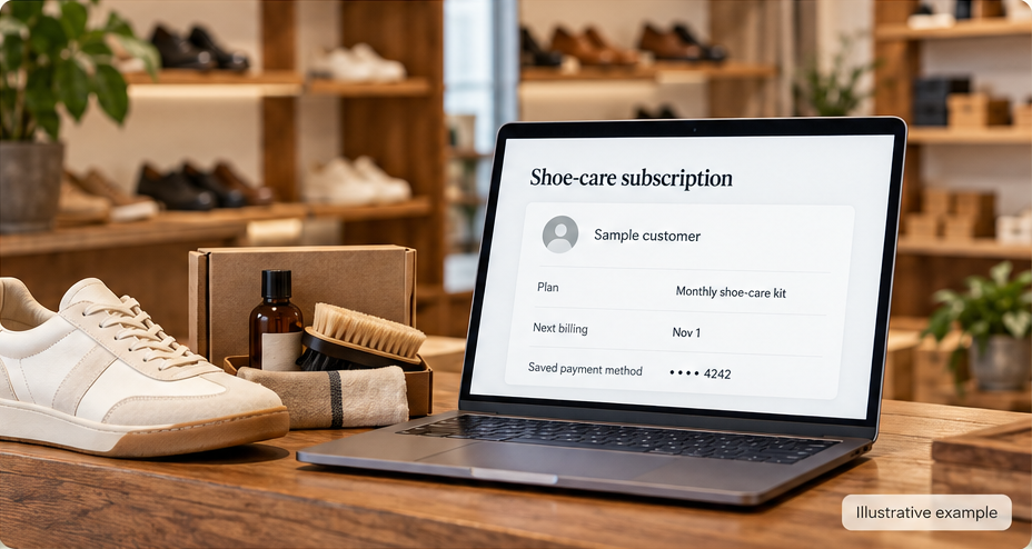 Illustrative shoe-care subscription on a laptop in a shoe store, showing a monthly kit, next billing date and masked saved payment method.