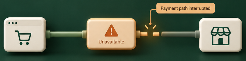 Conceptual interrupted payment path: checkout and storefront modules connect through an amber unavailable provider, with a broken connection and a Payment path interrupted tag.