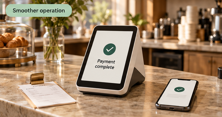 The same café counter and the same terminal model show “Payment complete,” with a single tidy receipt and a phone showing a confirmation check — smoother operation with less manual work.