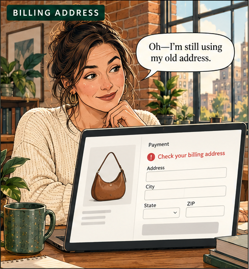 Billing address checkout scenario: a customer realizes, “Oh—I’m still using my old address.” Her laptop prompts her to check the billing address.