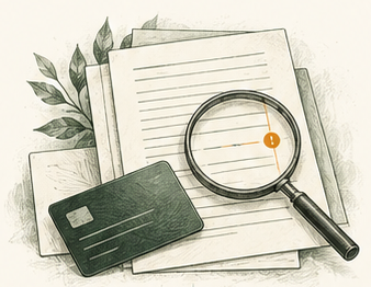 Conceptual ink-and-wash illustration of onboarding papers, a payment card and magnifier surrounded by foliage.