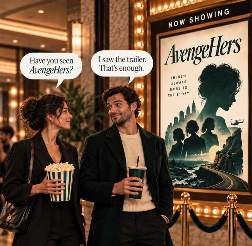 Two moviegoers in a theater lobby beside an AvengeHers poster. The woman asks, “Have you seen AvengeHers?” and the man replies, “I saw the trailer. That’s enough.”