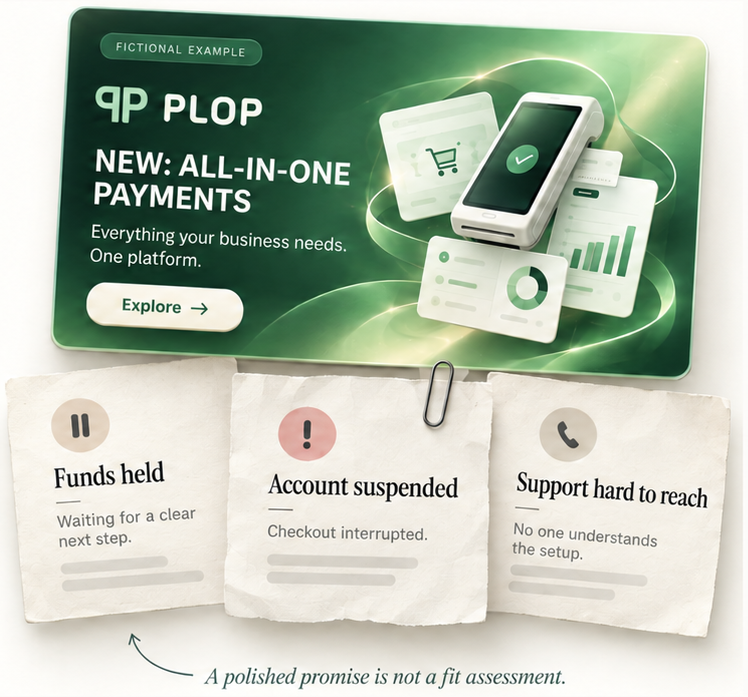 Fictional example: a green advertisement for a fictional all-in-one payments platform, with three notes below reading “Funds held — waiting for a clear next step,” “Account suspended — checkout interrupted,” and “Support hard to reach — no one understands the setup.” Caption: a polished promise is not a fit assessment.
