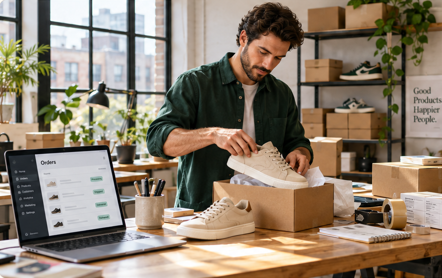 Online retailer packing a pair of sneakers into a shipping box beside a laptop showing orders.