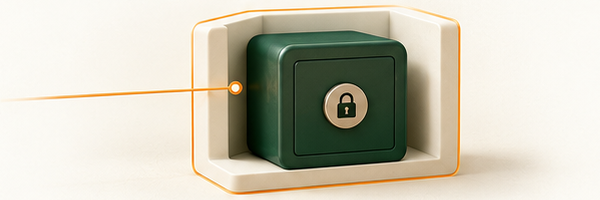 Conceptual provider-bound credentials: a forest-green vault with a secure lock emblem enclosed by an amber boundary, with an amber line ending at that boundary.