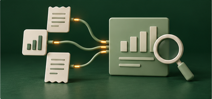 Conceptual reporting illustration: separate receipts and chart records converge on an analytics board with a magnifying glass.