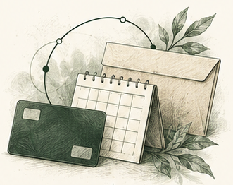 Conceptual ink-and-wash illustration of a payment card, calendar, envelope and loop surrounded by foliage.