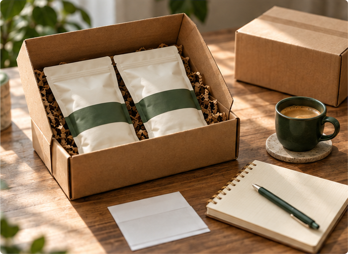 Illustrative coffee subscription packing workspace with an open parcel and two pouches, a second box, coffee cup, notebook and packing slip.