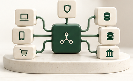 Conceptual complex payment sculpture: laptop, phone, checkout, shield, processor and bank blocks connected around a central routing hub on a stone platform.