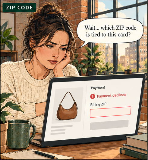 ZIP code checkout scenario: a customer asks, “Wait... which ZIP code is tied to this card?” while her laptop highlights a billing ZIP error.