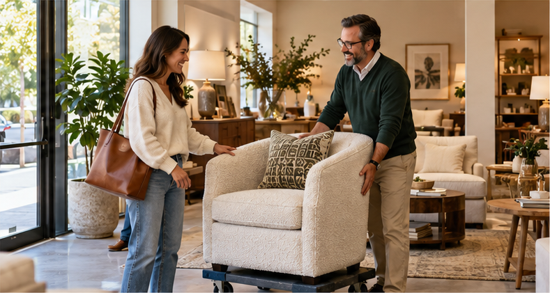 Two people moving an in-stock armchair across a bright furniture showroom.