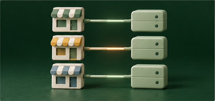 Conceptual multiple-brands illustration: three differently colored storefronts, each connected to its own provider block.