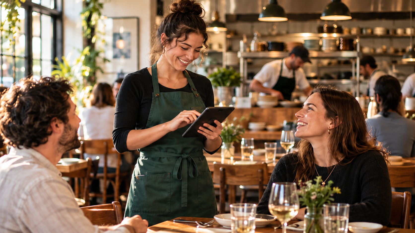 A server taking an order on a handheld device at a table with two smiling guests