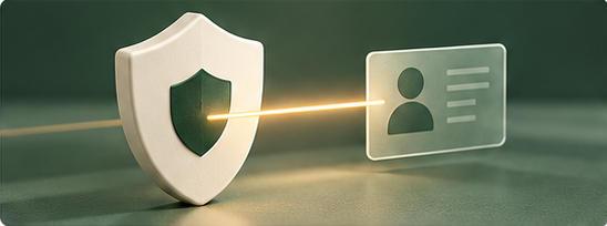 Conceptual ivory shield connected by a warm light beam to a translucent profile record.