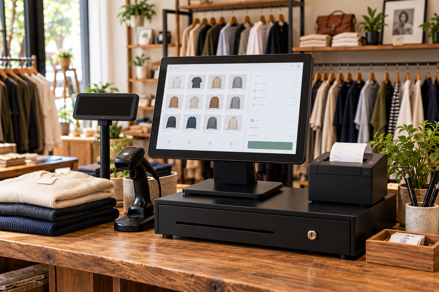 A full retail POS station with product screen, barcode scanner, receipt printer and cash drawer on the counter of a clothing store.