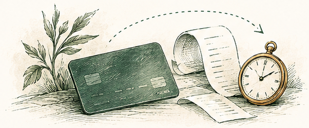 Conceptual ink-and-wash vignette of a payment card, receipt, clock and return arrow, suggesting a response to review rather than guaranteed recovery.
