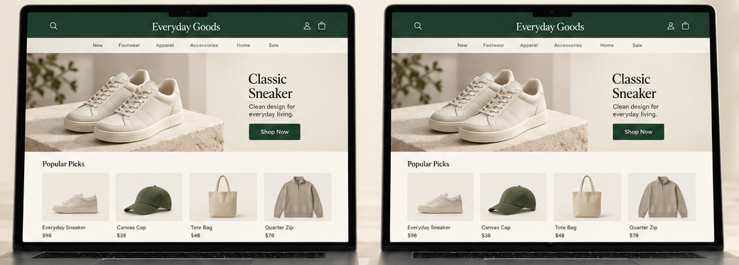 Two laptops side by side on a tabletop, each showing the same Everyday Goods online store with the Classic Sneaker product page and Popular Picks — one connected to Provider A, the other to Provider B.
