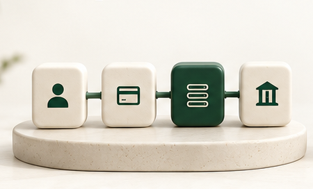 Conceptual simple payment sculpture: four connected customer, card, processor and bank blocks on a stone platform.
