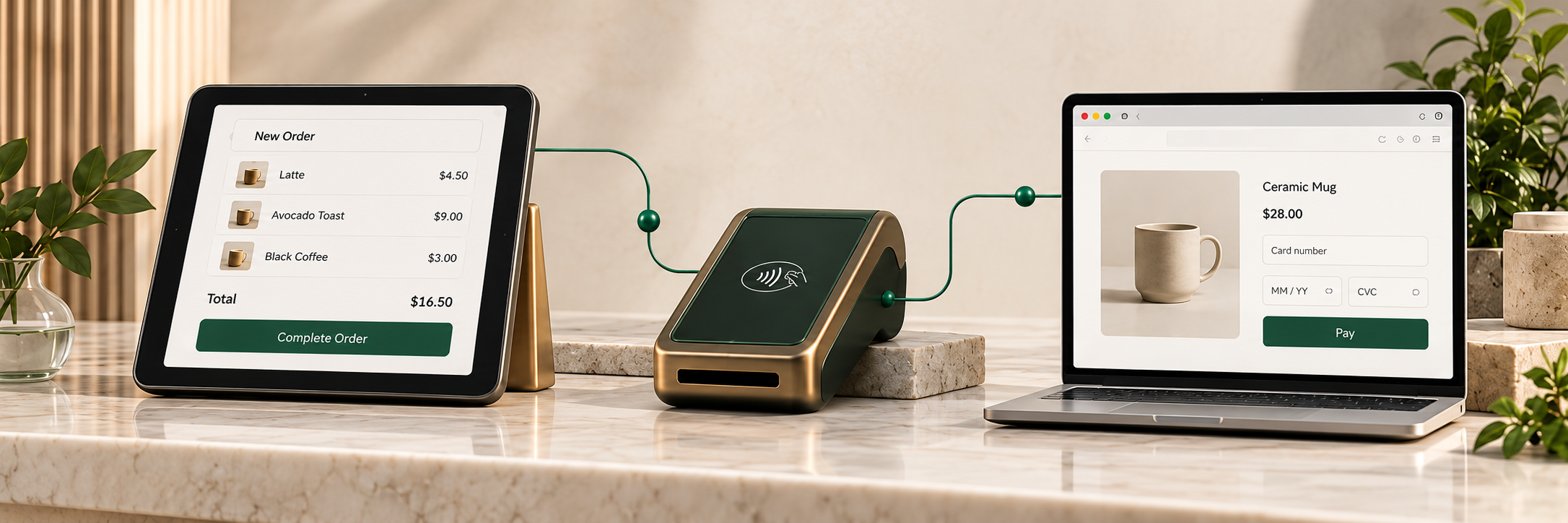Point-of-sale system, payment terminal and online checkout connected across an in-person and ecommerce payment environment.