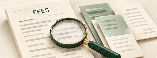 A fee statement and payment records under a magnifying glass, illustrating a processing-cost review.