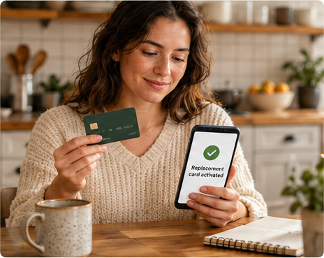 A customer holds a new bank card next to a phone showing that a replacement card has been activated.
