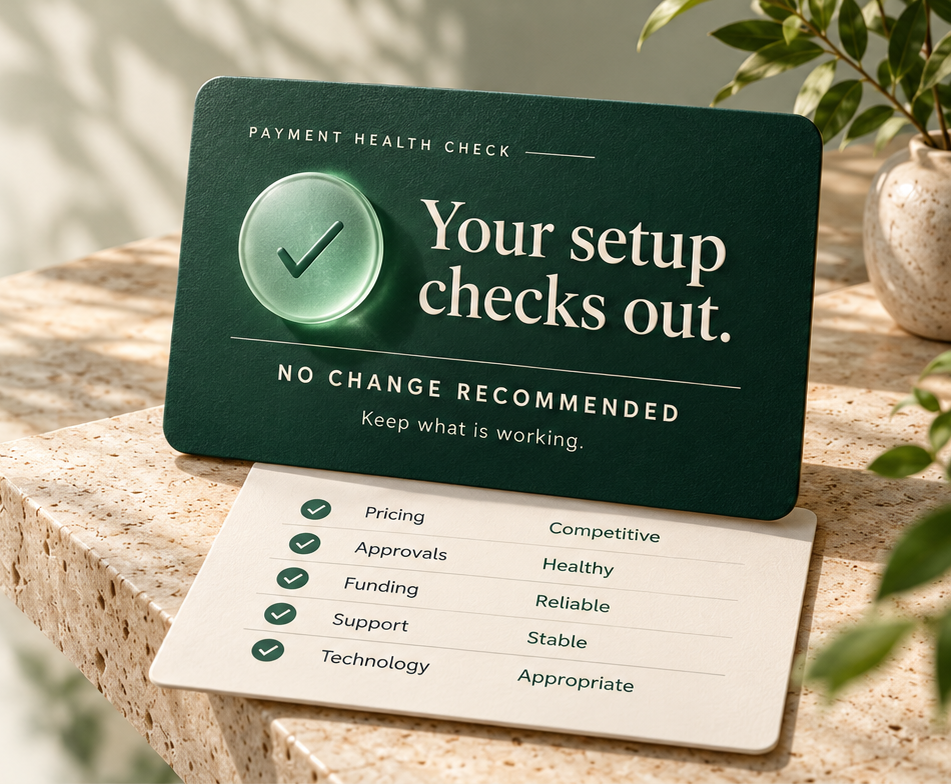 Illustrative payment health check on stone: Your setup checks out. No change recommended. Keep what is working. Ivory checklist: Pricing—Competitive; Approvals—Healthy; Funding—Reliable; Support—Stable; Technology—Appropriate.