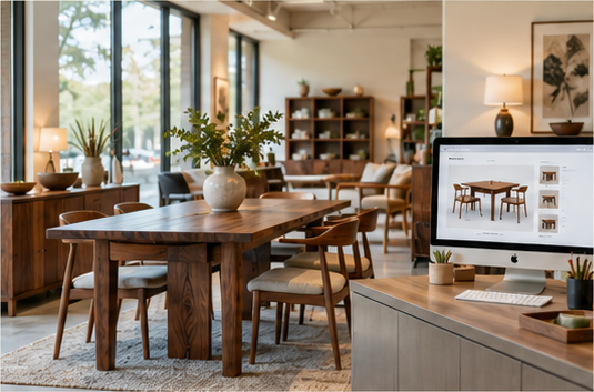 Furniture showroom with a wooden dining table and a desktop computer displaying the same furniture online.